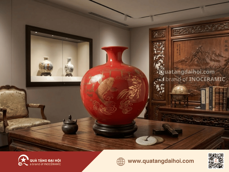 Bình hút lộc Cá Chép Vượt Vũ Môn vẽ vàng gốm sứ Bát Tràng cao cấp - Quà Tặng Đại Hội Bình hút lộc Cá Chép Vượt Vũ Môn vẽ vàng gốm sứ Bát Tràng cao cấp