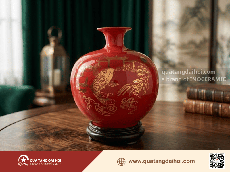 Bình hút lộc Cá Chép Vượt Vũ Môn vẽ vàng mang ý nghĩa phong thủy - Quà Tặng Đại Hội Bình hút lộc Cá Chép Vượt Vũ Môn vẽ vàng mang ý nghĩa phong thủy