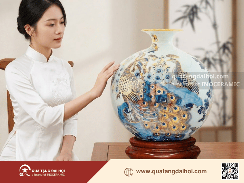 Bình hút lộc Khổng tước hoa mai vẽ vàng gốm sứ Bát Tràng cao cấp - Quà Tặng Đại Hội Bình hút lộc Khổng tước hoa mai vẽ vàng gốm sứ Bát Tràng cao cấp