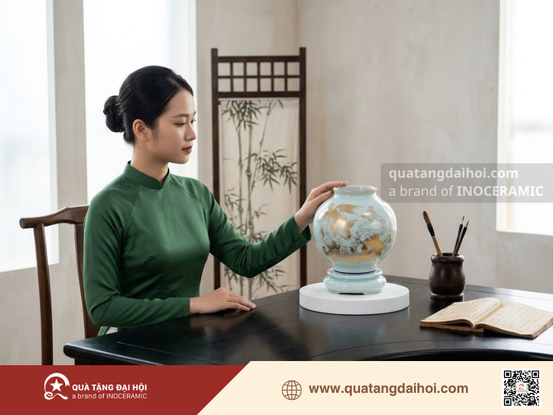 Bình hút lộc Song ngư Chầu nguyệt vẽ vàng gốm sứ Bát Tràng cao cấp - Quà Tặng Đại Hội Bình hút lộc Song ngư Chầu nguyệt vẽ vàng gốm sứ Bát Tràng cao cấp