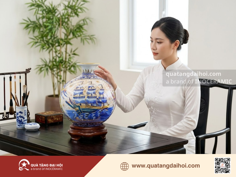 Bình hút lộc Thuận buồm hoa mai xanh cobalt làm quà tặng tinh tế - Quà Tặng Đại Hội Bình hút lộc Thuận buồm hoa mai xanh cobalt làm quà tặng tinh tế