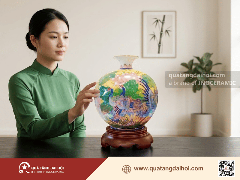 Bình hút lộc sen hạc Bình An gốm sứ Bát Tràng cao cấp - Quà Tặng Đại Hội Bình hút lộc sen hạc Bình An gốm sứ Bát Tràng cao cấp