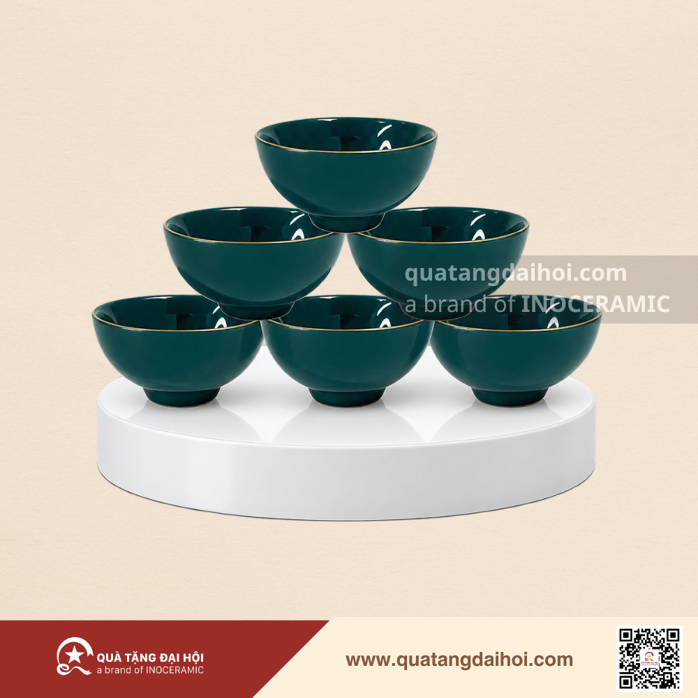 Bộ 06 chén cơm men lam chỉ vàng - Quà Tặng Đại Hội Bộ 06 chén cơm men lam chỉ vàng