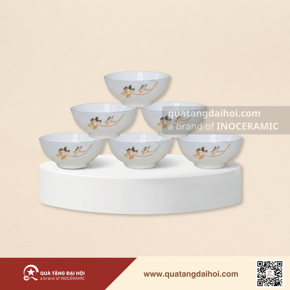 Bộ 06 chén cơm sen vàng kẻ chỉ vàng - Quà Tặng Đại Hội Bộ 06 chén cơm sen vàng kẻ chỉ vàng
