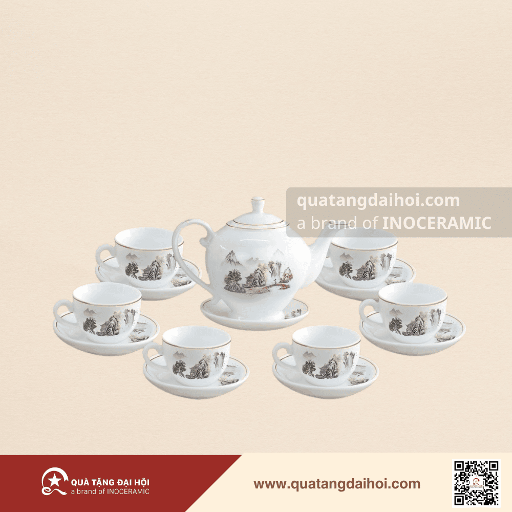 Bộ ấm trà Camelia sơn thuỷ kẻ chỉ vàng - Quà Tặng Đại Hội Bộ ấm trà Camelia sơn thuỷ kẻ chỉ vàng
