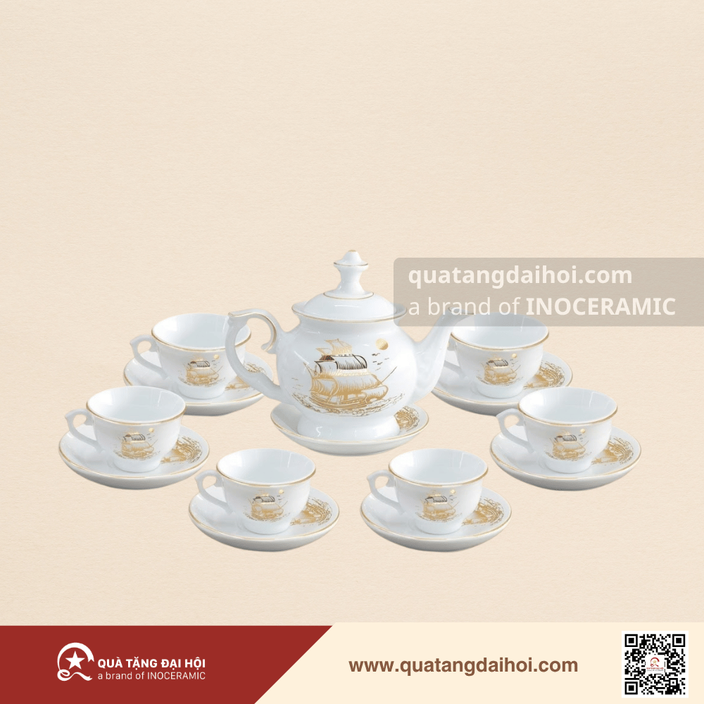 Bộ ấm trà Đài Các Thuận buồm kẻ chỉ vàng - Quà Tặng Đại Hội Bộ ấm trà Đài Các Thuận buồm kẻ chỉ vàng