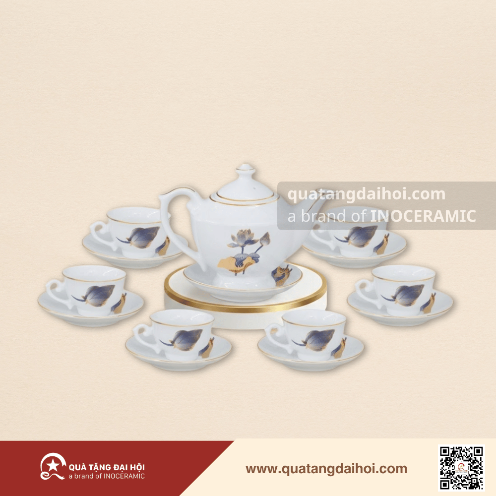 Bộ ấm trà Thần đèn sen xanh cobalt kẻ chỉ vàng - Quà Tặng Đại Hội Bộ ấm trà Thần đèn sen xanh cobalt kẻ chỉ vàng