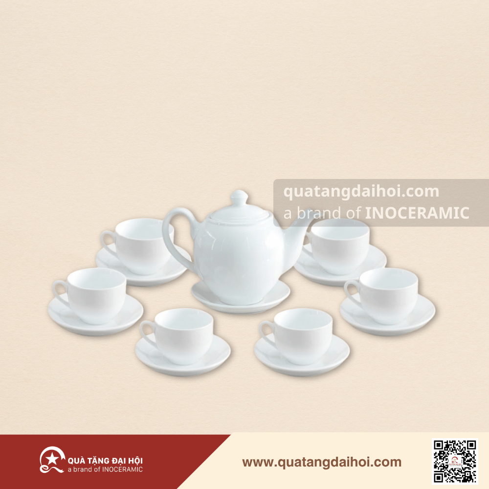 Bộ ấm trà dáng Minh Long men trắng - Quà Tặng Đại Hội Bộ ấm trà dáng Minh Long men trắng