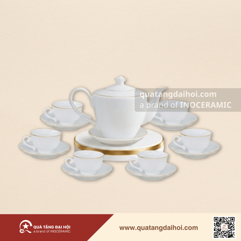 Bộ ấm trà vai vuông kẻ chỉ vàng - Quà Tặng Đại Hội Bộ ấm trà vai vuông kẻ chỉ vàng
