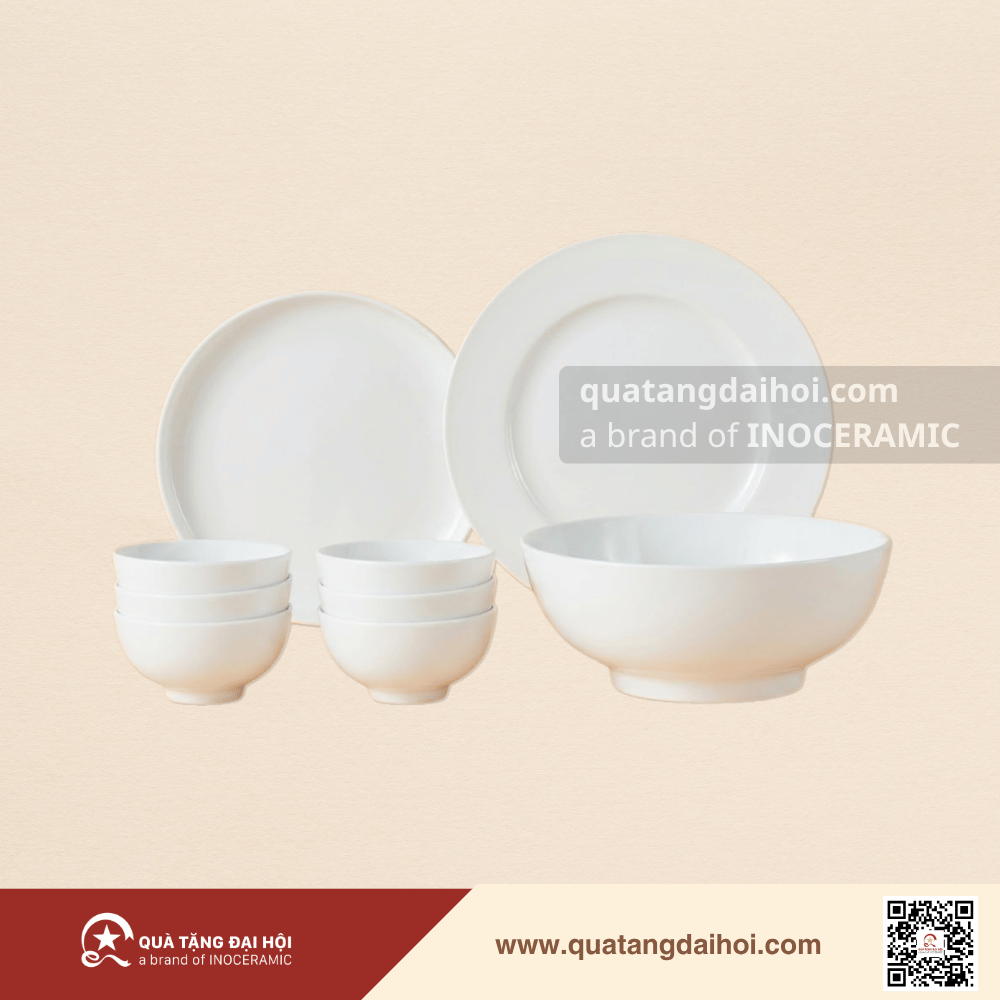 Bộ bàn ăn 9 món men trắng tiêu chuẩn - Quà Tặng Đại Hội Bộ bàn ăn 9 món men trắng tiêu chuẩn