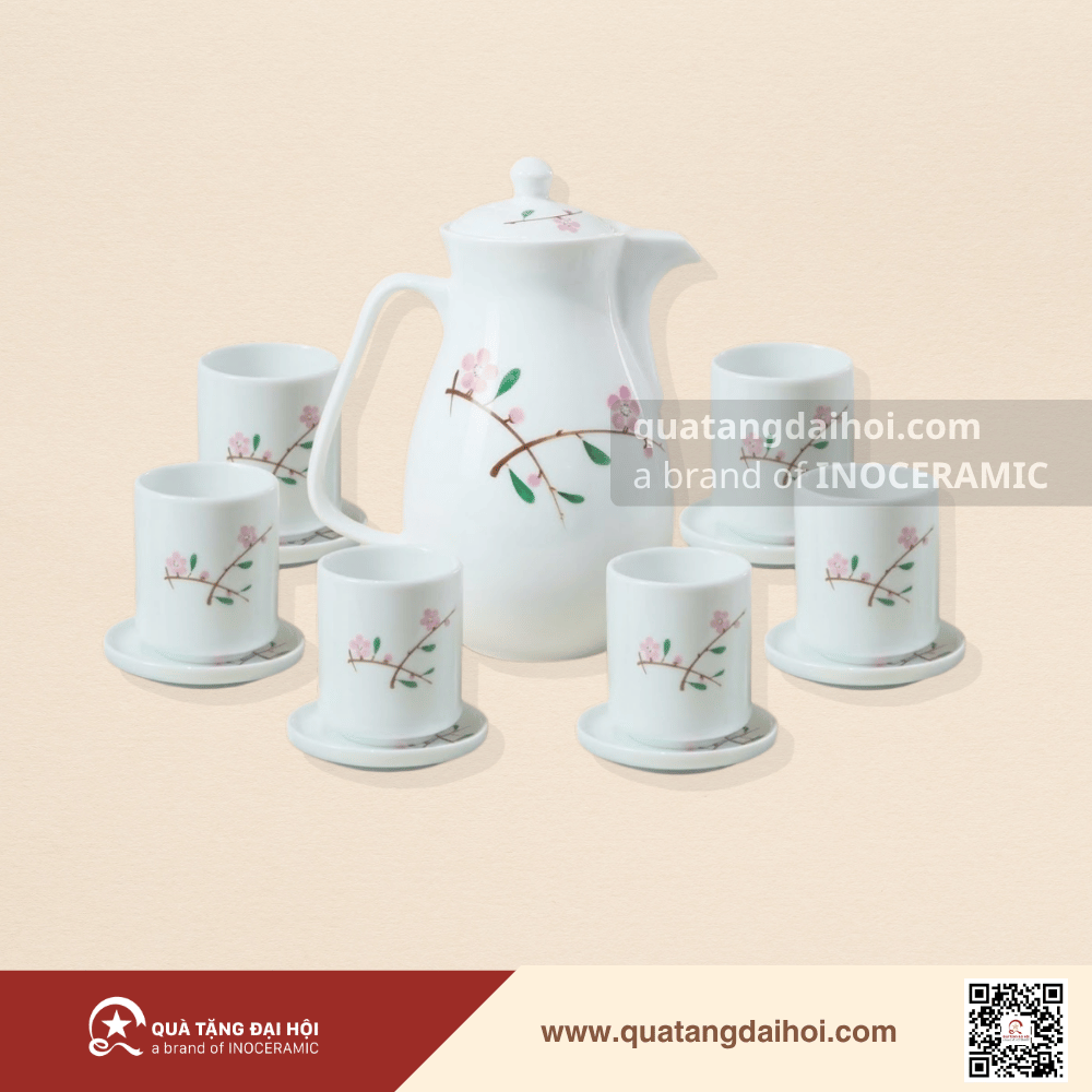 Bộ bình nước Hoa Đào vẽ tay - Quà Tặng Đại Hội Bộ bình nước Hoa Đào vẽ tay
