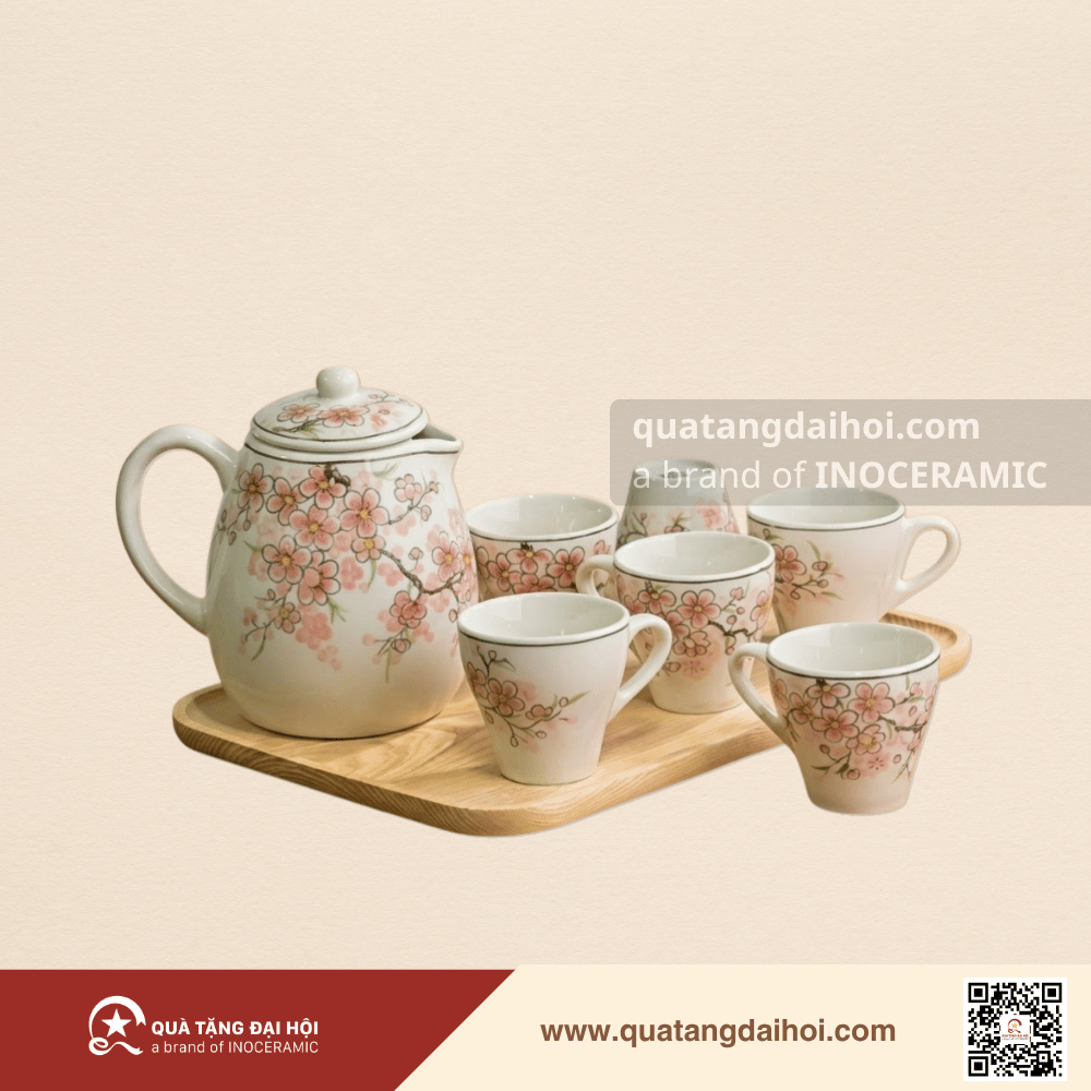 Bộ bình sứ đựng nước gốm sứ Bát Tràng vẽ Đào Hồng - Quà Tặng Đại Hội Bộ bình sứ đựng nước gốm sứ Bát Tràng vẽ Đào Hồng