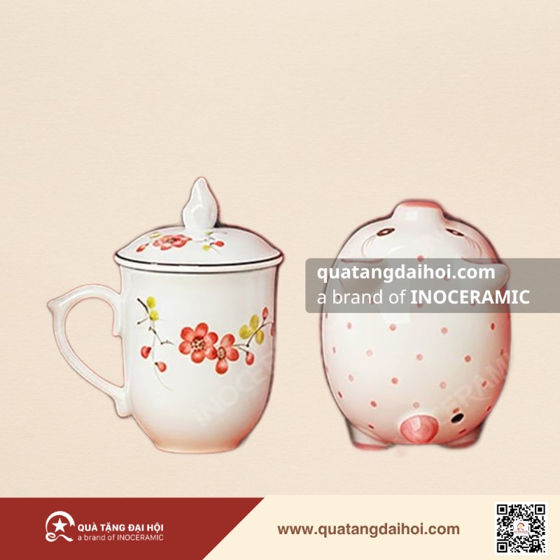 Bộ giftset ly sứ có nắp và heo đất Hoa Lộc sung túc - Quà Tặng Đại Hội Bộ giftset ly sứ có nắp và heo đất Hoa Lộc sung túc