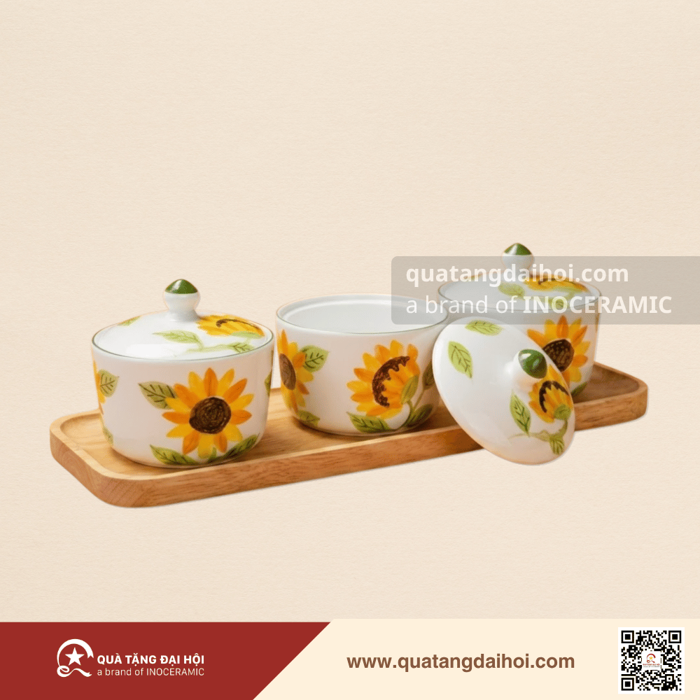 Bộ hũ mứt men trắng vẽ tay gốm sứ Bát Tràng - Quà Tặng Đại Hội Bộ hũ mứt men trắng vẽ tay gốm sứ Bát Tràng