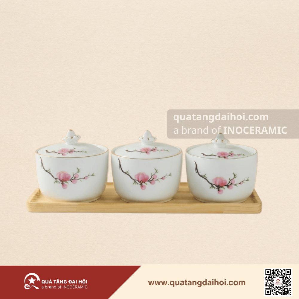 Bộ khay đựng mứt đào hồng vẽ vàng Bát Tràng - Quà Tặng Đại Hội Bộ khay đựng mứt đào hồng vẽ vàng Bát Tràng