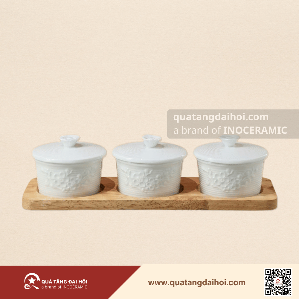 Bộ khay hũ mứt Hoa Đào gốm sứ Bát Tràng - Quà Tặng Đại Hội Bộ khay hũ mứt Hoa Đào gốm sứ Bát Tràng