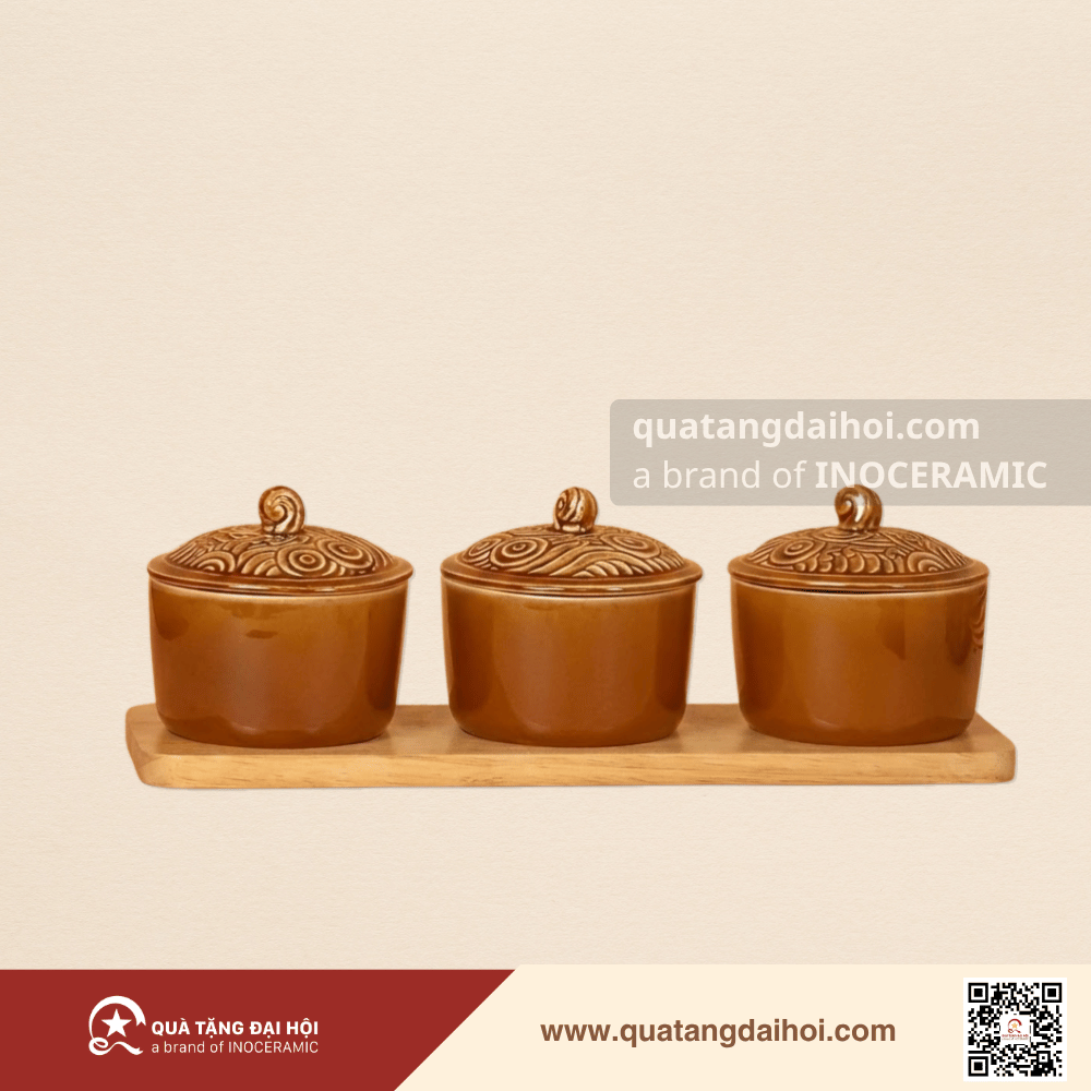 Bộ mứt vân sóng men hoàng thổ Bát Tràng - Quà Tặng Đại Hội Bộ mứt vân sóng men hoàng thổ Bát Tràng