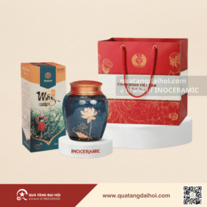 Giftset hũ trà men lam sen vàng