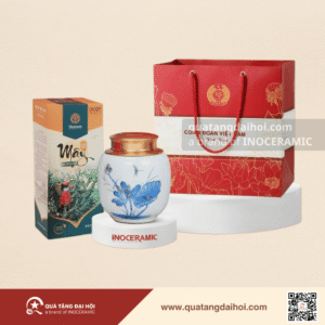 Giftset hũ trà men trắng sen lam chỉ vàng