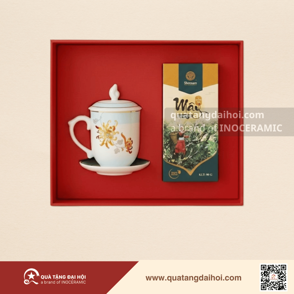 Giftset ly sứ và trà Kim Cúc - Quà Tặng Đại Hội Giftset ly sứ và trà Kim Cúc