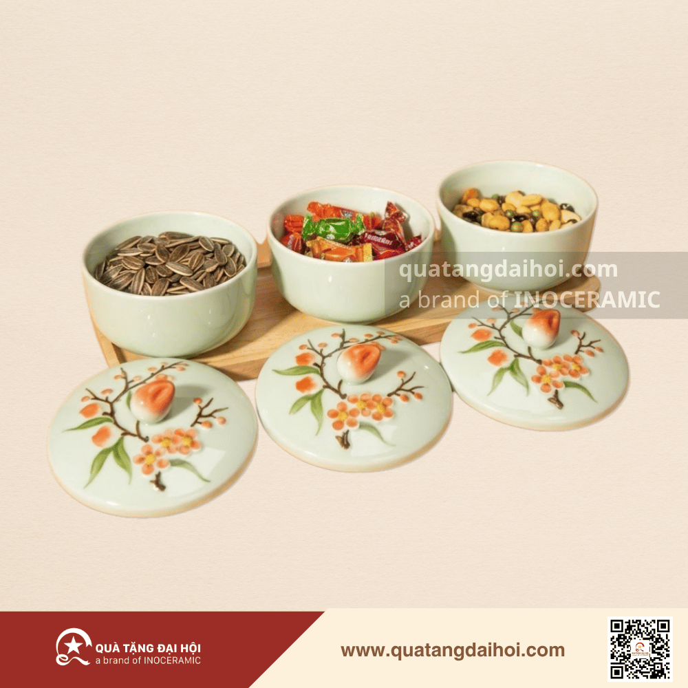 Khay đựng mứt Hồng Đào Phú Quý men ngọc - Quà Tặng Đại Hội Khay đựng mứt Hồng Đào Phú Quý men ngọc