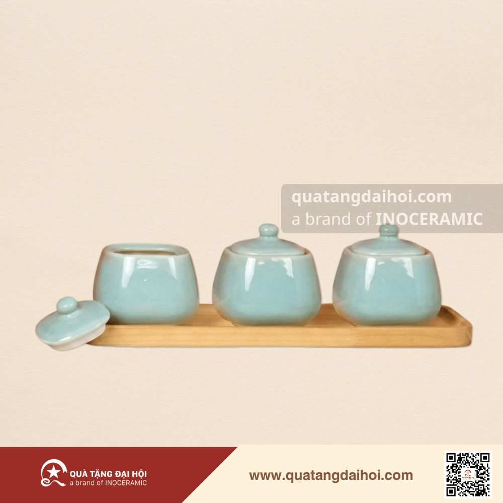 Khay hũ đựng mứt vuông men ngọc Bát Tràng - Quà Tặng Đại Hội Khay hũ đựng mứt vuông men ngọc Bát Tràng