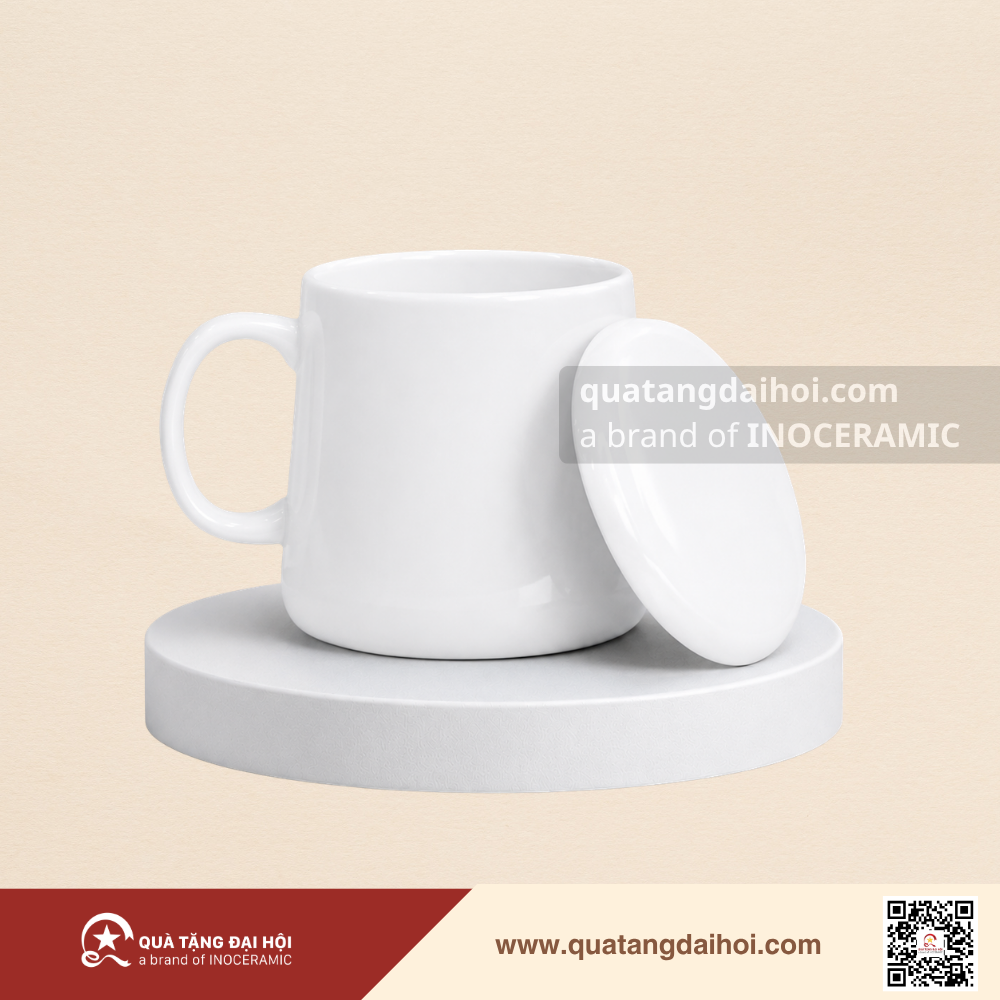 Ly sứ hiện đại quai C có nắp 600ml men trắng - Quà Tặng Đại Hội Ly sứ hiện đại quai C có nắp 600ml men trắng