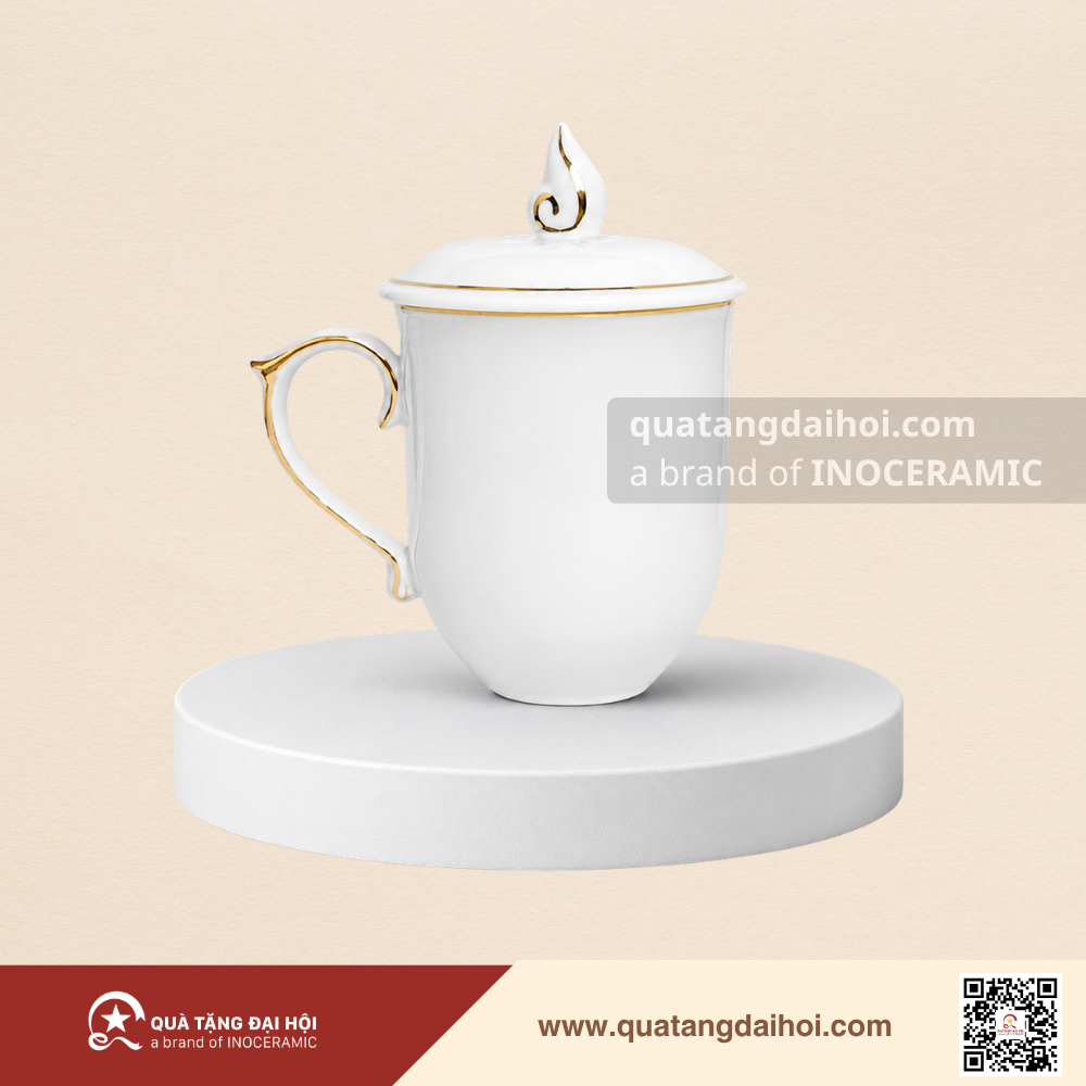 Ly sứ quai tim men trắng nắp ngọn lửa 350ml kẻ vàng - Quà Tặng Đại Hội Ly sứ quai tim men trắng nắp ngọn lửa 350ml kẻ vàng