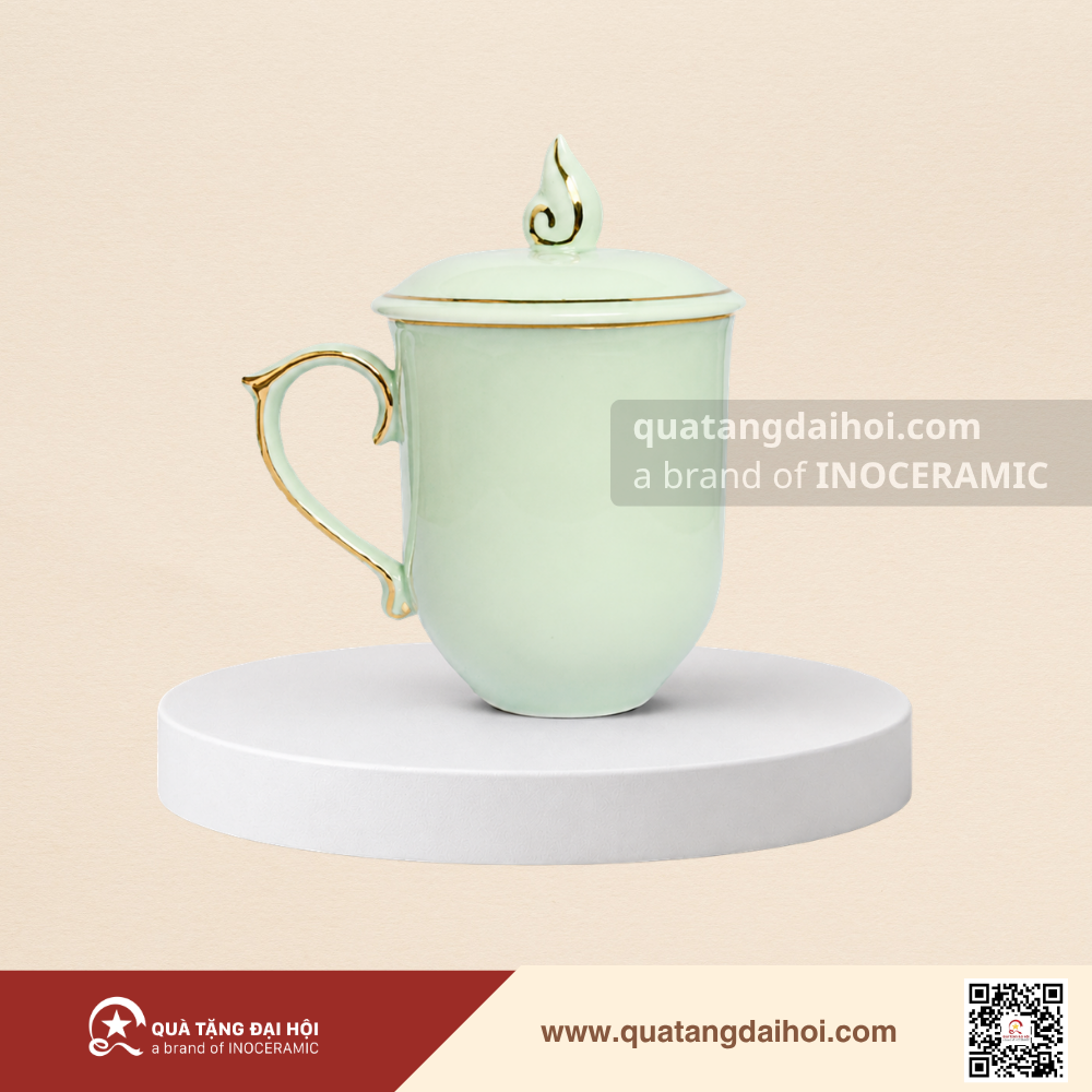 Ly sứ quai tim nắp ngọn lửa 350ml men màu - Quà Tặng Đại Hội Ly sứ quai tim nắp ngọn lửa 350ml men màu
