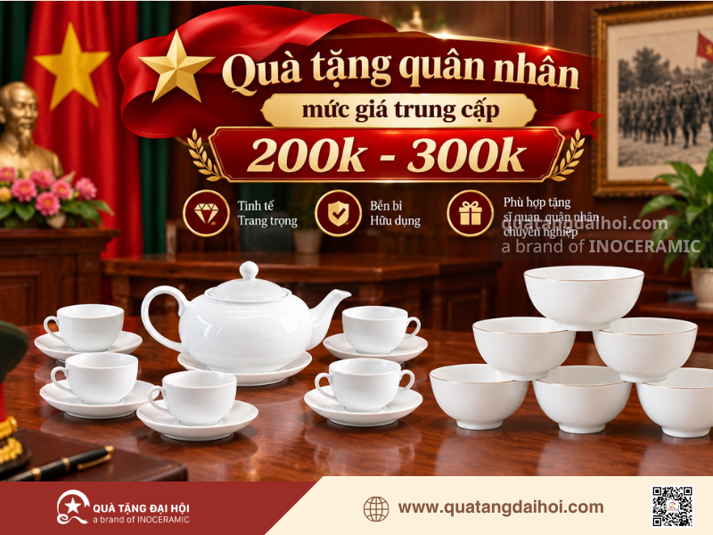 Bộ ấm chén và bộ đồ ăn in logo làm quà tặng ngành quân đội mức giá trung cấp - Quà Tặng Đại Hội Bộ ấm chén và bộ đồ ăn in logo làm quà tặng ngành quân đội mức giá trung cấp