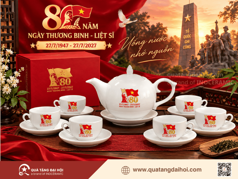 Bộ ấm chén Bát Tràng in logo làm quà tặng 80 năm ngày thương binh liệt sĩ - Quà Tặng Đại Hội Bộ ấm chén Bát Tràng in logo làm quà tặng 80 năm ngày thương binh liệt sĩ