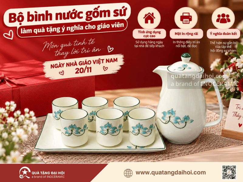 bộ bình nước gốm sứ đặt trên bàn giáo viên làm quà 20/11 công đoàn trường học - Quà Tặng Đại Hội bộ bình nước gốm sứ đặt trên bàn giáo viên làm quà 20/11 công đoàn trường học