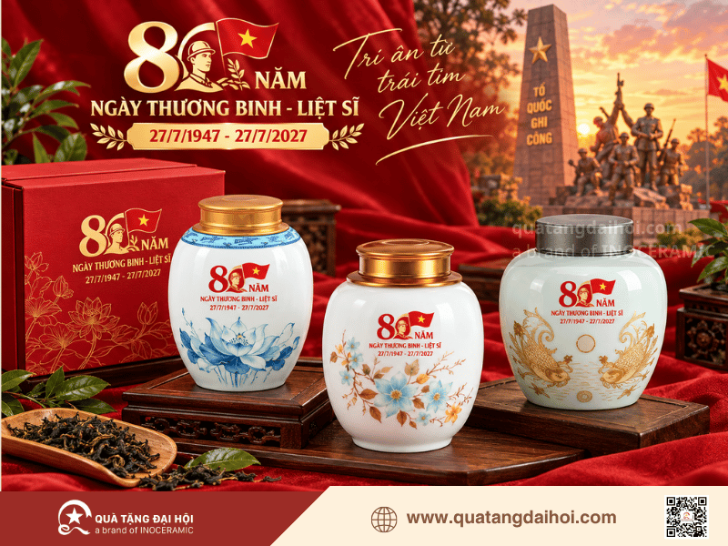 Hũ trà gốm sứ mang giá trị tri trong bộ quà tặng 80 năm ngày thương binh liệt sĩ - Quà Tặng Đại Hội Hũ trà gốm sứ mang giá trị tri trong bộ quà tặng 80 năm ngày thương binh liệt sĩ